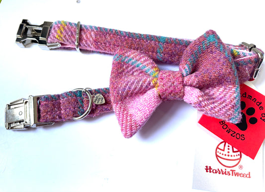 (Kerrera) Harris Tweed® Bow Tie Dog Collar - Baby Pink Check