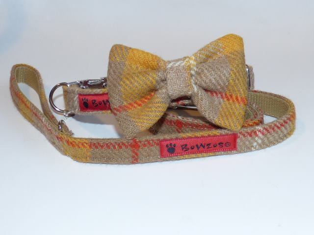 (Urquhart) Harris Tweed Bow Tie Dog Collar & Lead Set - Mustard & Beige Check - BOWZOS