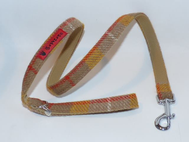 (Urquhart) Harris Tweed Dog Lead - Mustard & Beige Check - BOWZOS