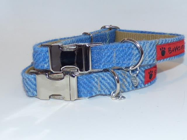 (Edinburgh) Harris Tweed Dog Collar  - Baby Blue Check - BOWZOS