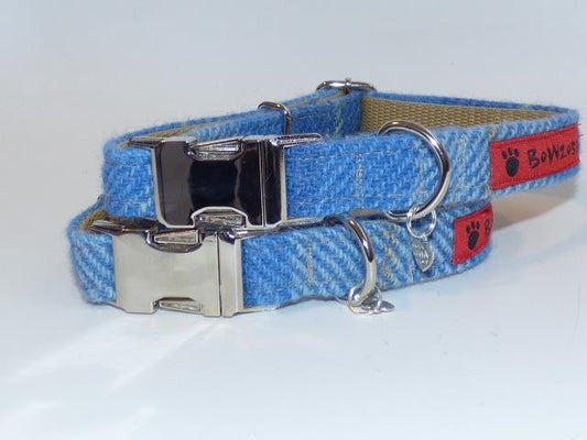 (Edinburgh) Harris Tweed Dog Collar  - Baby Blue Check - BOWZOS