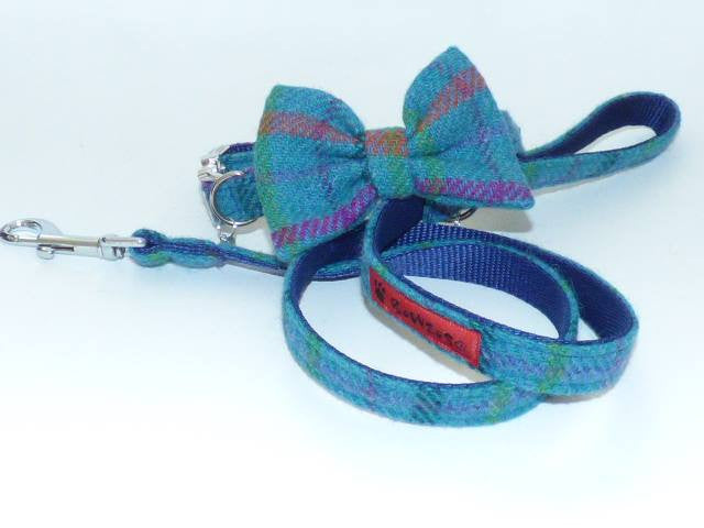 (Tiree) Harris Tweed Bow Tie Dog Collar & Lead Set - Turquoise Check - BOWZOS