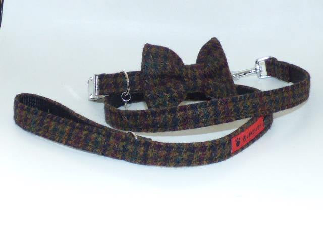 Harris Tweed Bow Tie Dog Collar & Lead Set - Bobby Dark Brown Houndstooth - BOWZOS