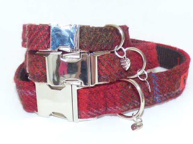 (Blair) Harris Tweed Dog Collar  -  Dark Red Check - BOWZOS