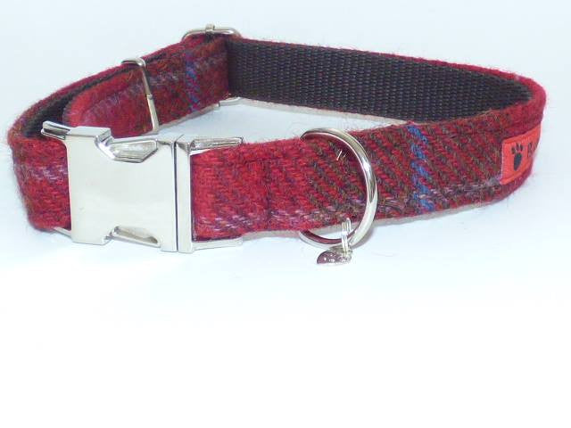 (Blair) Harris Tweed Dog Collar  -  Dark Red Check - BOWZOS