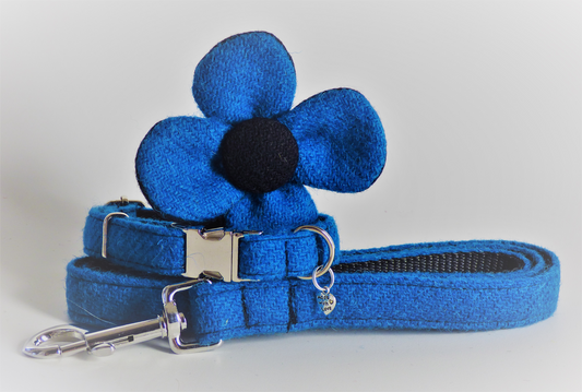 (Bonnie) Harris Tweed Flower Dog Collar & Lead Set - Blue - BOWZOS