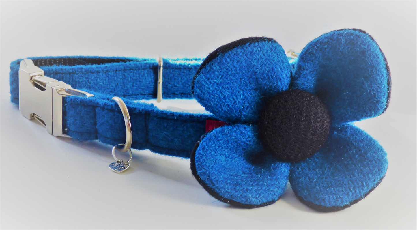 (Bonnie) Harris Tweed Flower Dog Collar - Blue - BOWZOS