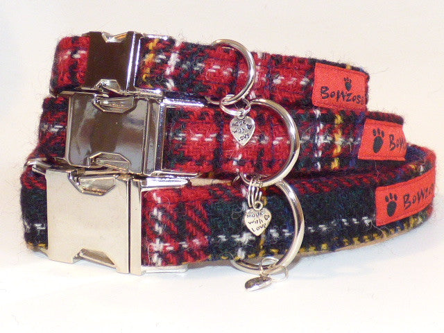 Harris Tweed Dog Collar  - Black Stewart Tartan - BOWZOS