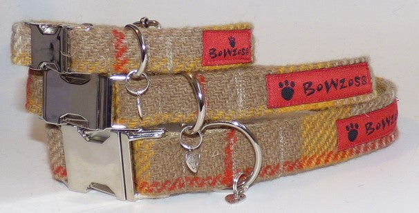 (Urquhart) Harris Tweed Dog Collar - Mustard & Beige Check - BOWZOS