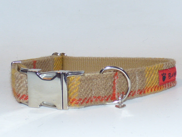 (Urquhart) Harris Tweed Dog Collar - Mustard & Beige Check - BOWZOS