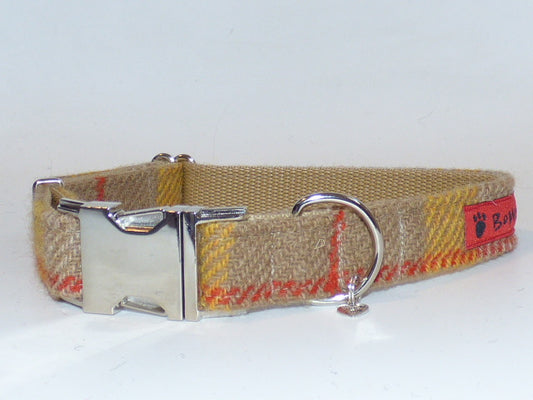 (Urquhart) Harris Tweed Dog Collar - Mustard & Beige Check - BOWZOS