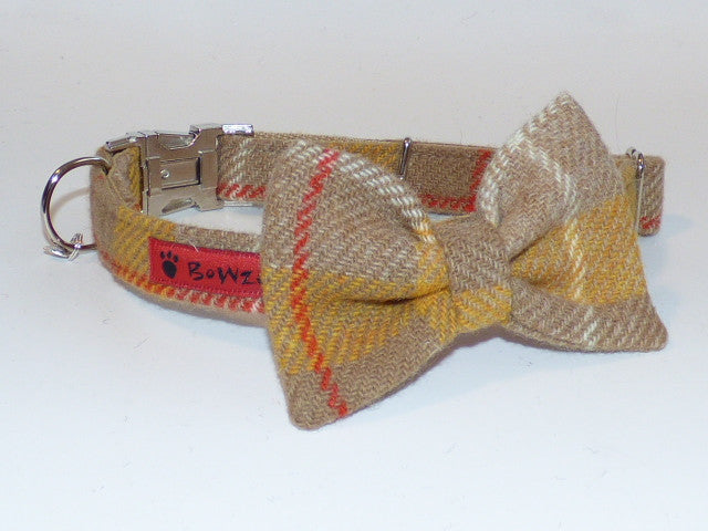 (Urquhart) Harris Tweed Bow Tie Dog Collar & Lead Set - Mustard & Beige Check - BOWZOS