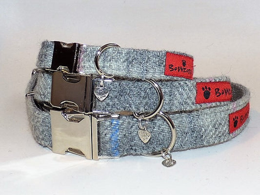 (Kyle) Harris Tweed Dog Collar  - Baby Grey Check - BOWZOS