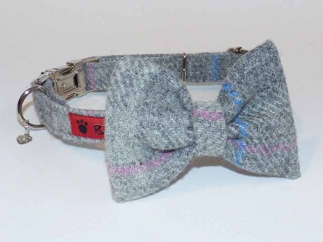 (Kyle) Harris Tweed Bow Tie Dog Collar - Baby Grey Check - BOWZOS