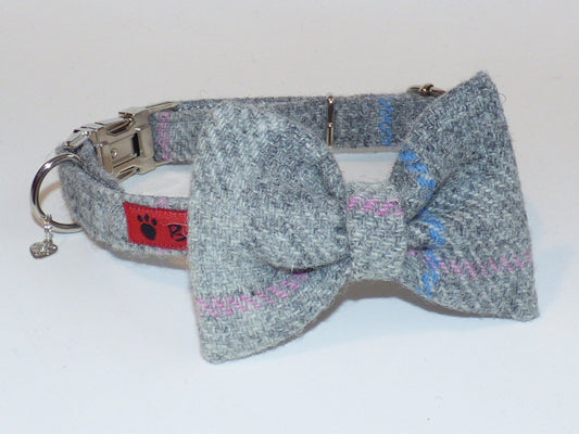 (Kyle) Harris Tweed Bow Tie Dog Collar - Baby Grey Check - BOWZOS