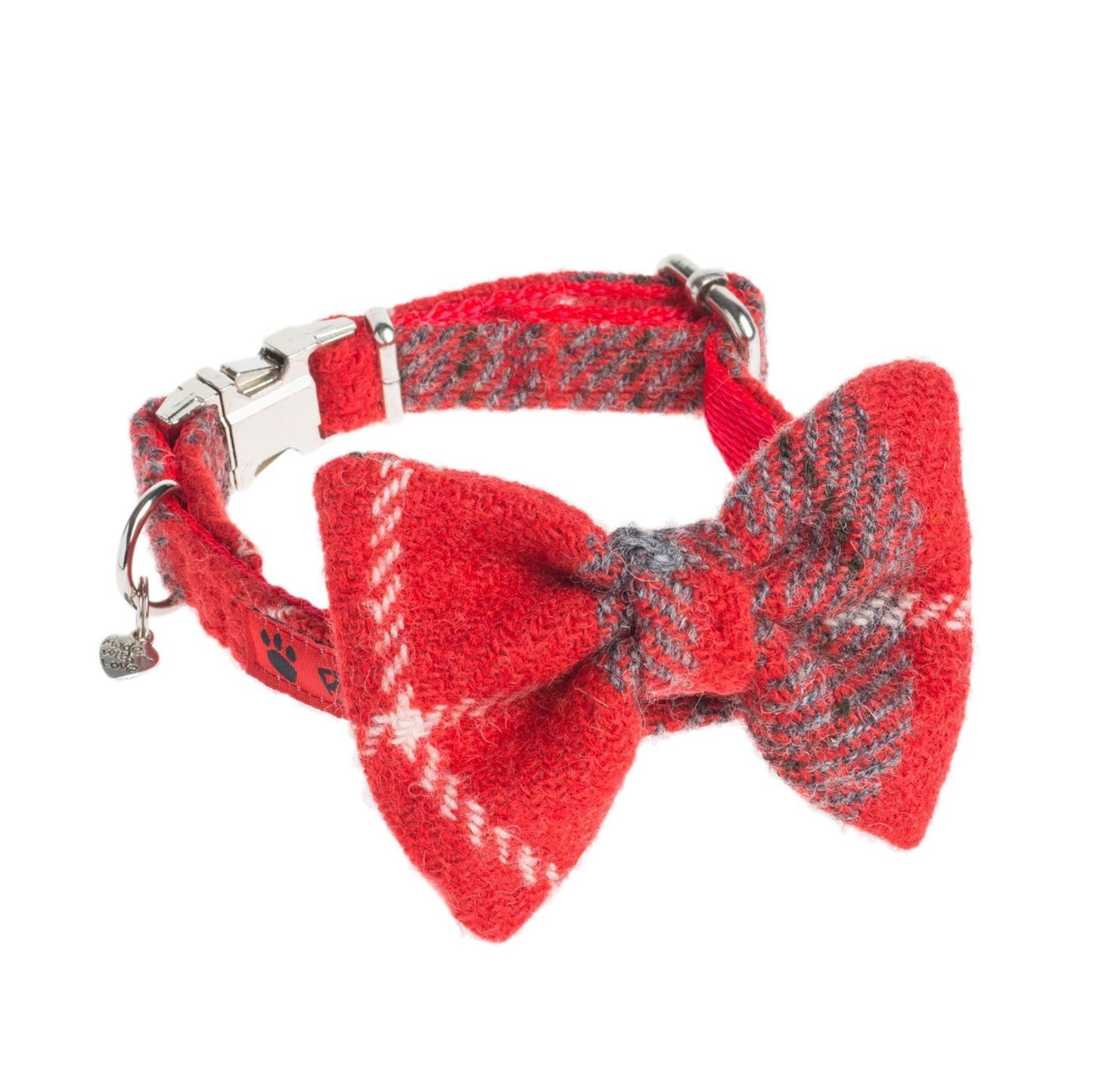 (Brodie) Harris Tweed Bow Tie Dog Collar - Red/Grey Check - BOWZOS