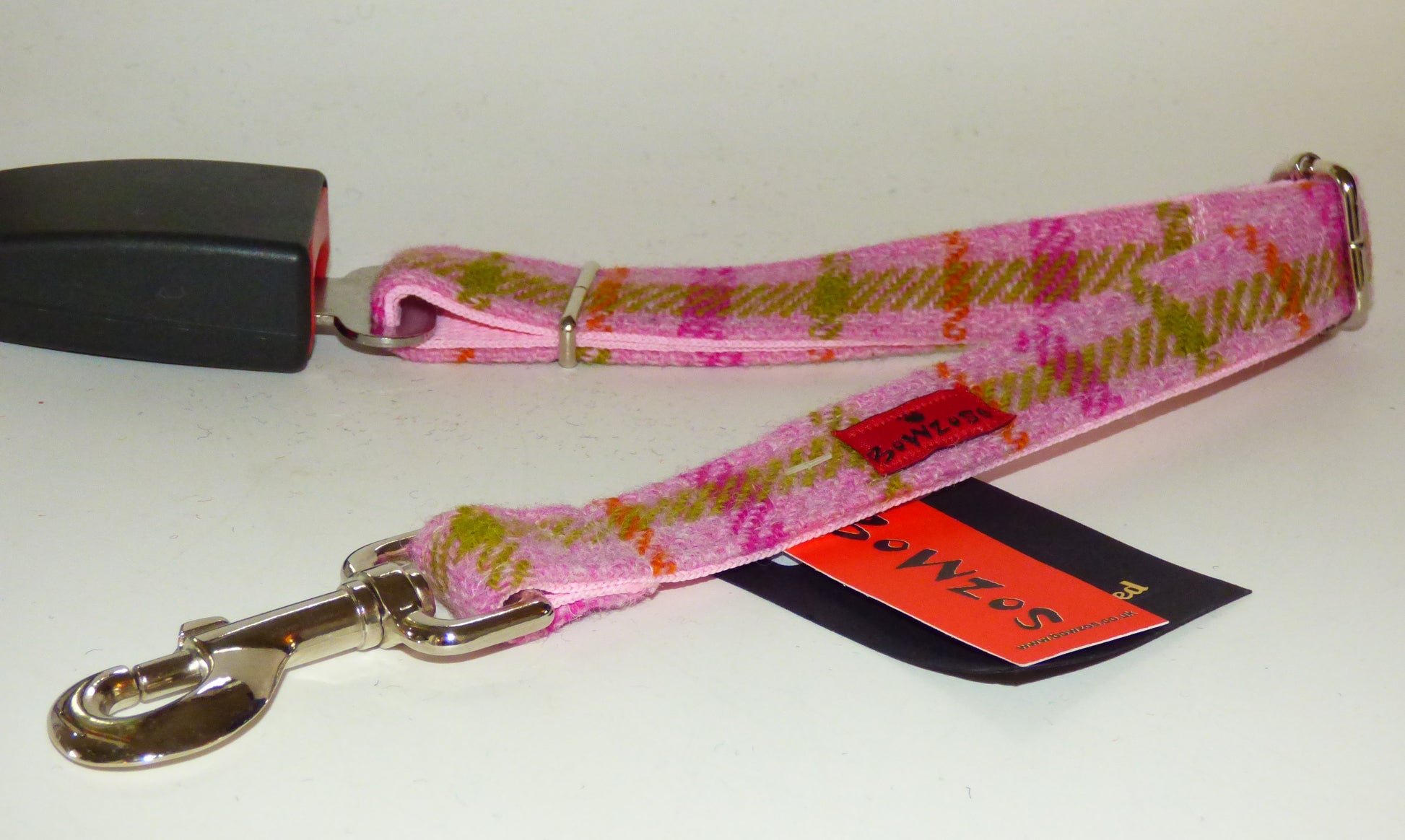(Isla) Harris Tweed Dog Seat Belt - Baby Pink - BOWZOS