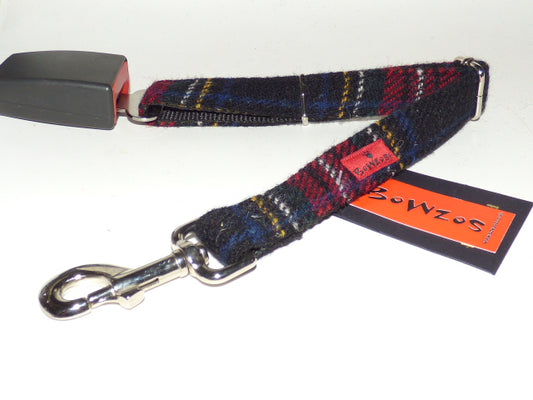 Harris Tweed Dog Seat Belt - Black Stewart Tartan - BOWZOS