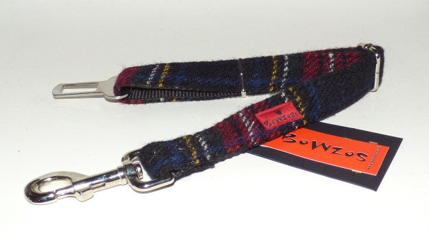 Harris Tweed Dog Seat Belt - Black Stewart Tartan - BOWZOS