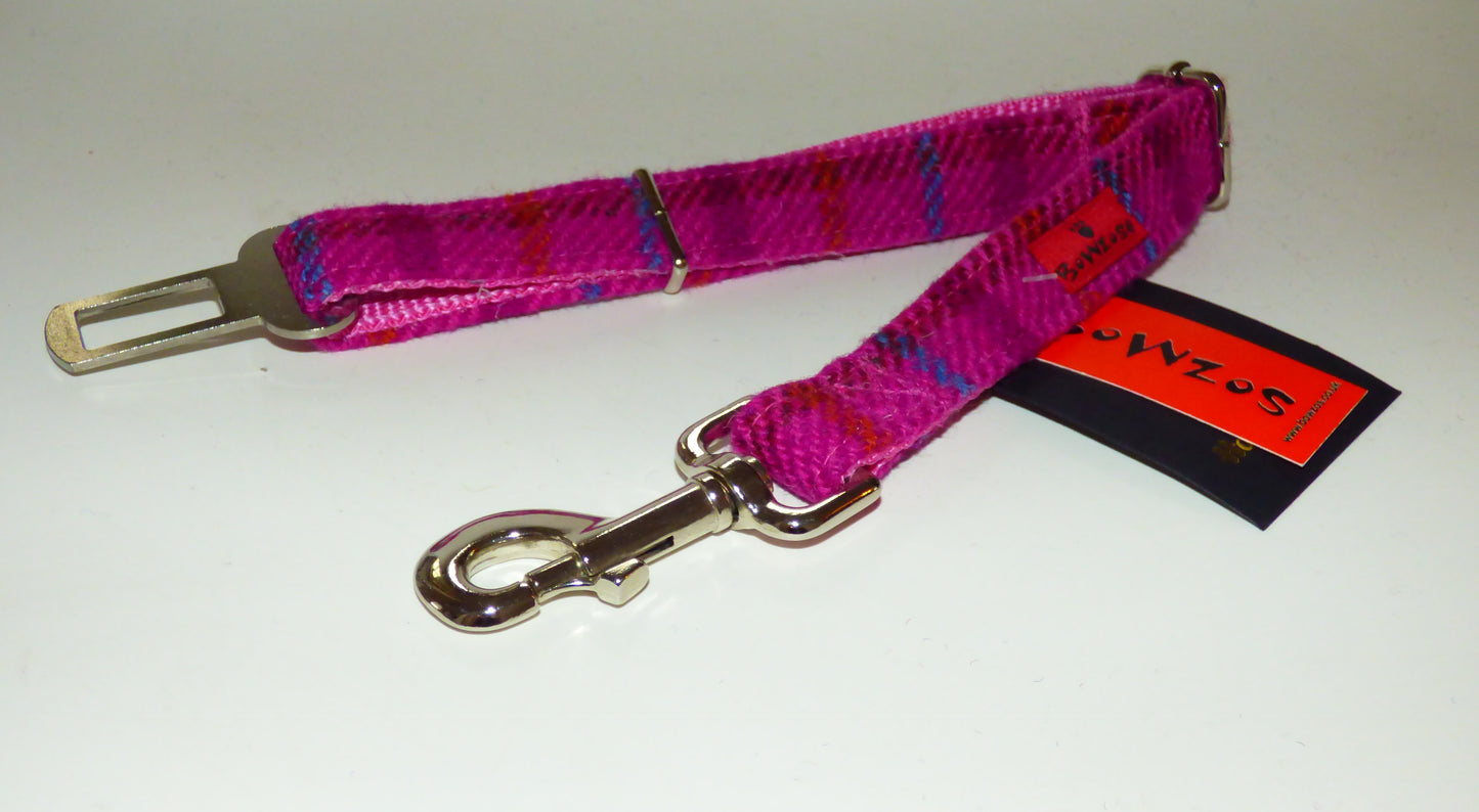 (Iona) Harris Tweed Dog Seat Belt - Cerise Pink - BOWZOS