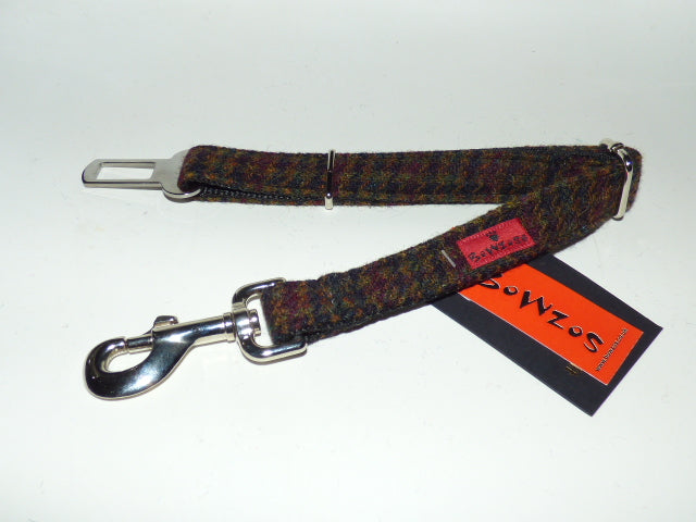 Harris Tweed Dog Seat Belt - Dark Brown Houndstooth - BOWZOS