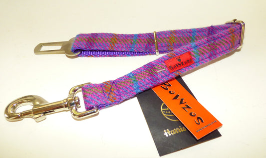 (Jura) Harris Tweed Dog Seat Belt - Purple Check - BOWZOS