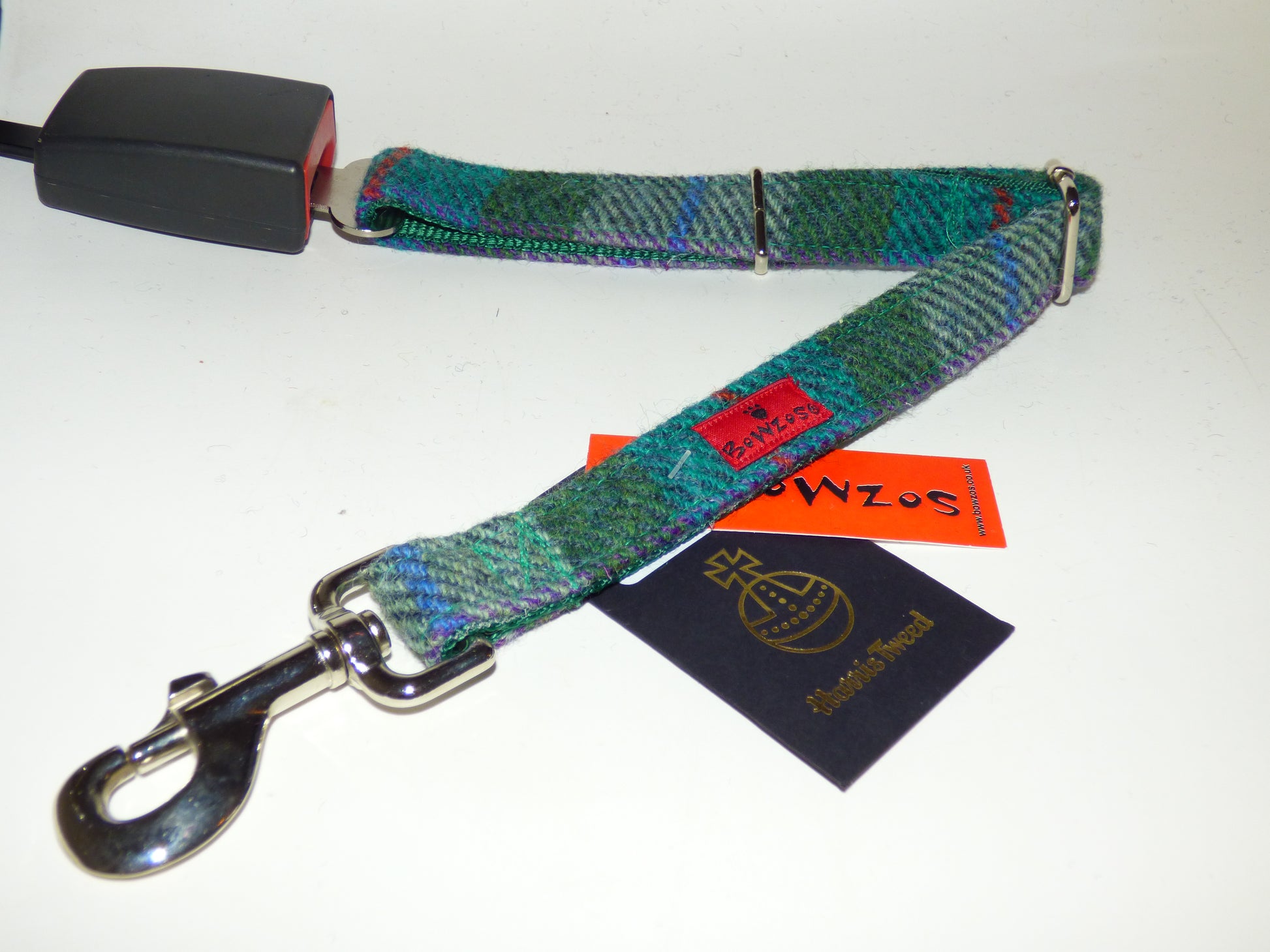 (Thistle) Harris Tweed Dog Seat Belt - Green Check - BOWZOS