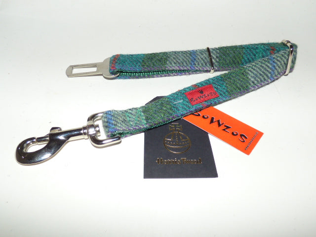 (Thistle) Harris Tweed Dog Seat Belt - Green Check - BOWZOS