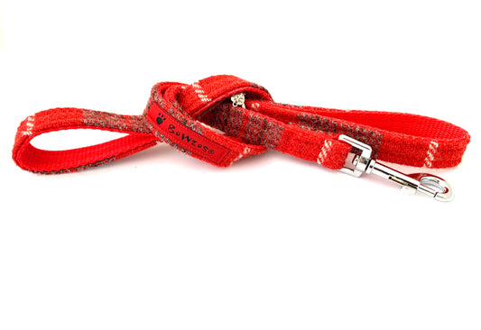 (Brodie) Harris Tweed Dog Lead - Red/Grey Check - BOWZOS
