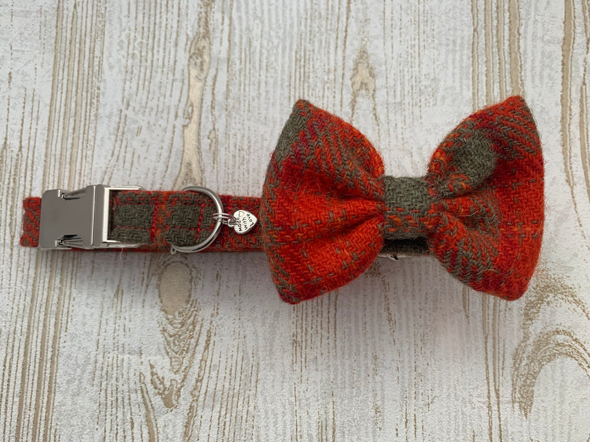 (Arran) Harris Tweed Bow Tie Dog Collar - Orange Check - BOWZOS