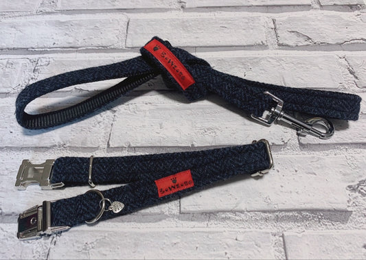 (Navy Herringbone) Harris Tweed® Dog Collar & Lead Set - Navy