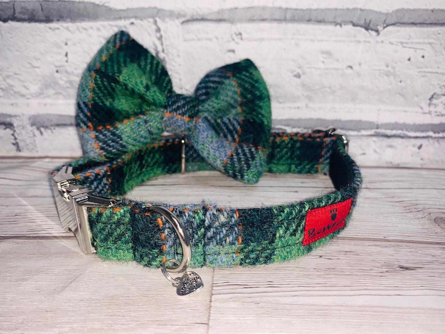 (Grass Green) Harris Tweed Bow Tie Dog Collar - Grass Green Check - BOWZOS