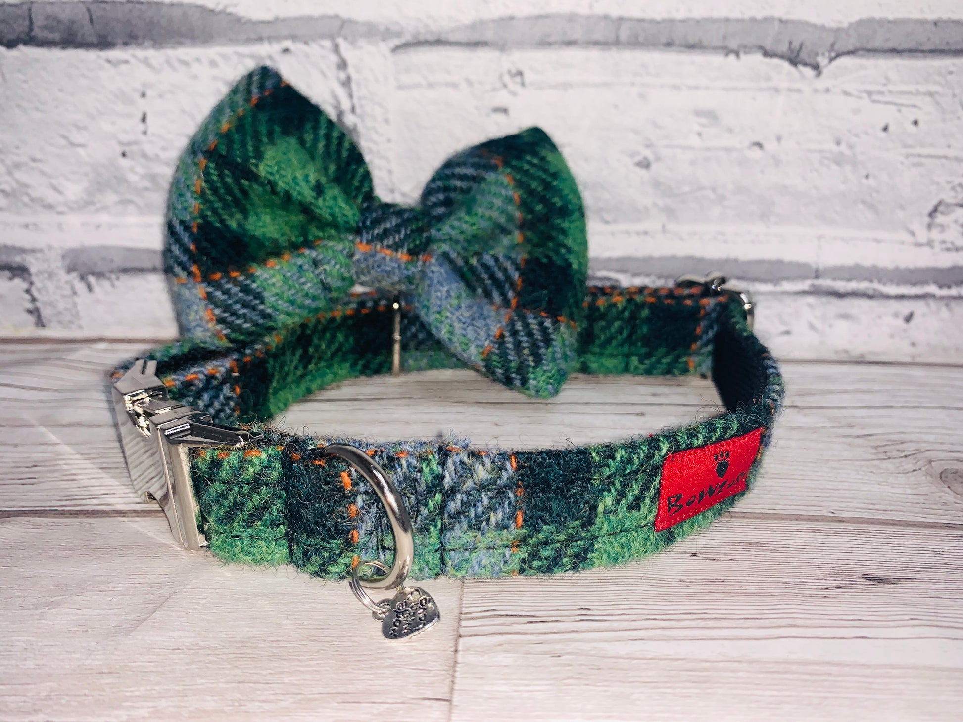 (Grass Green) Harris Tweed Bow Tie Dog Collar - Grass Green Check - BOWZOS