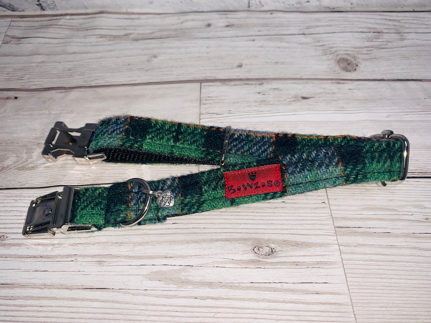 Harris Tweed Dog Collar - Grass Green Check - BOWZOS