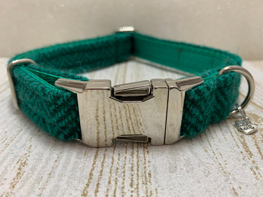 (Horgabost) Harris Tweed Dog Collar - Green Herringbone - BOWZOS