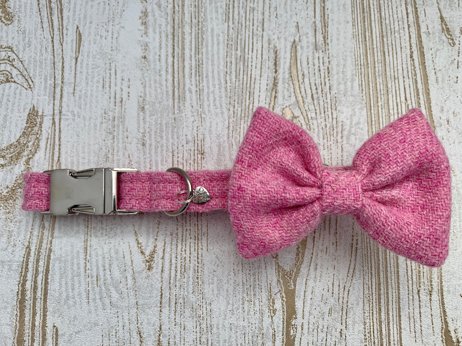 (Rose) Harris Tweed Bow Tie Dog Collar - Rose Pink - BOWZOS