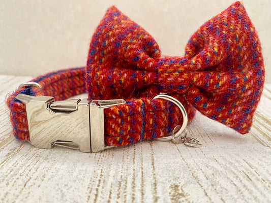 (Kelburn) Harris Tweed Bow Tie Dog Collar - Red Kaona - BOWZOS