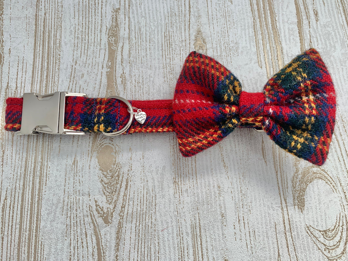 Harris Tweed Bow Tie Dog Collar - Red Stewart Tartan - BOWZOS