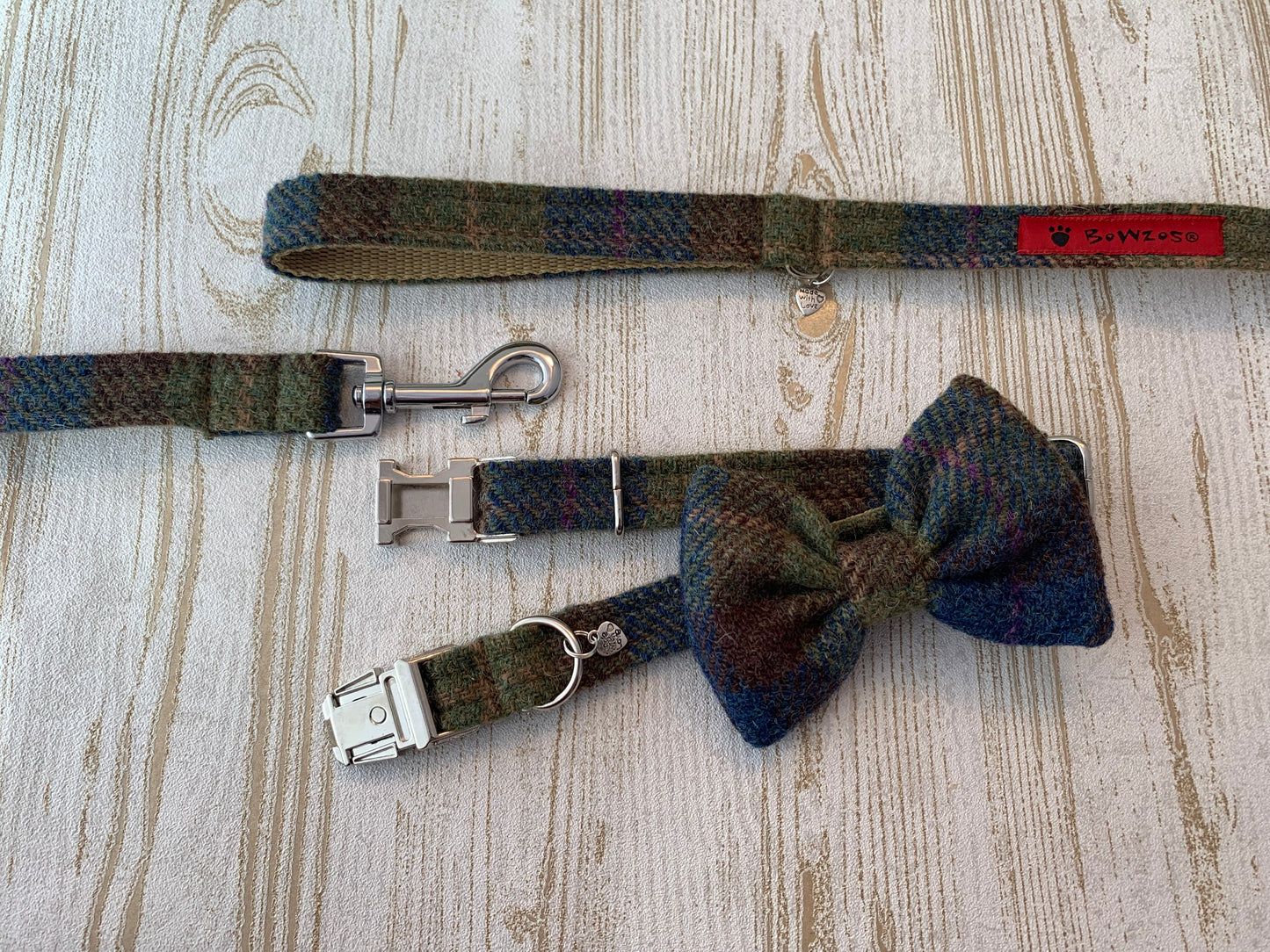 (Inverary) Harris Tweed Bow Tie Dog Collar & Lead Set - Khaki & Blue Check - BOWZOS