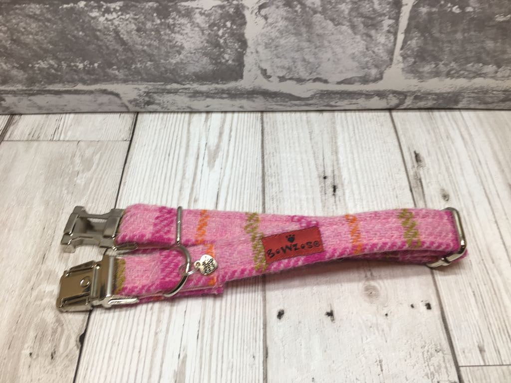 (Isla) Harris Tweed Dog Collar  - Baby Pink Check - BOWZOS