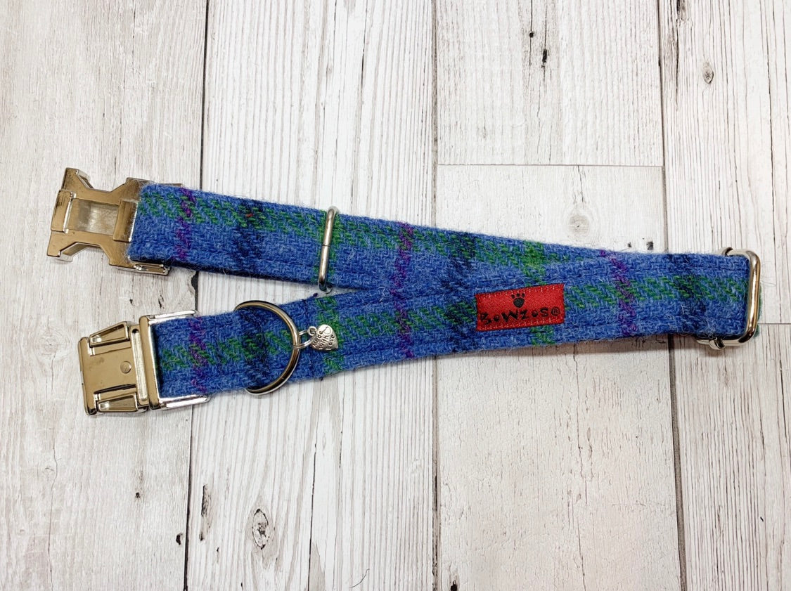 (Lewis) Harris Tweed Dog Collar  - Blue Check - BOWZOS