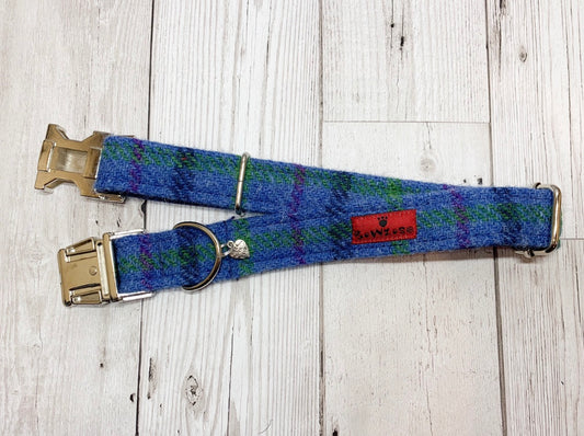 (Lewis) Harris Tweed Dog Collar  - Blue Check - BOWZOS