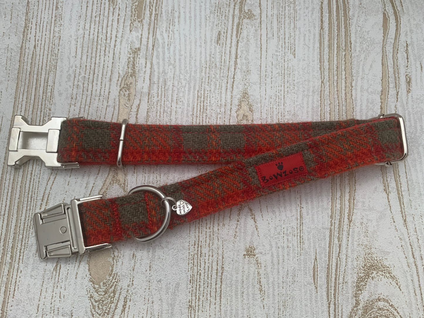 (Arran) Harris Tweed Dog Collar - Orange Check - BOWZOS