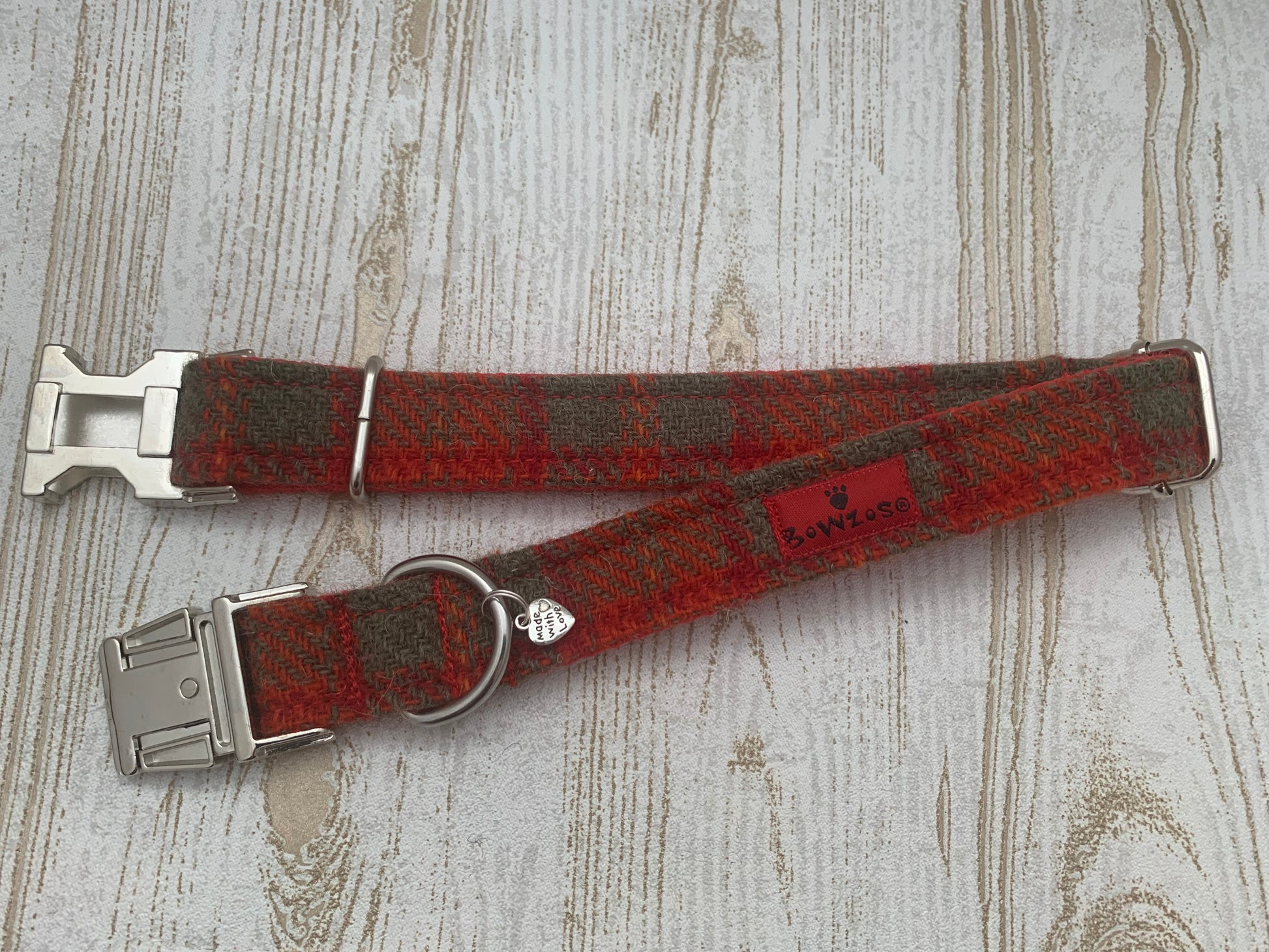 (Arran) Harris Tweed Dog Collar - Orange Check - BOWZOS