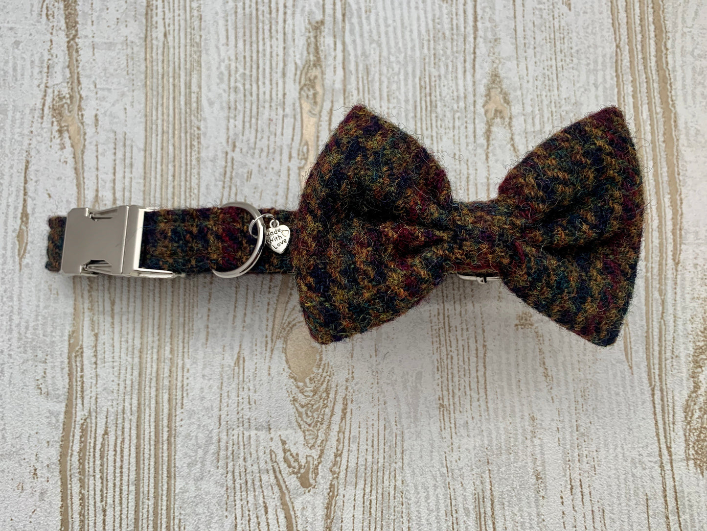 (Bobby) Houndstooth Harris Tweed Bow Tie Dog Collar - Brown - BOWZOS