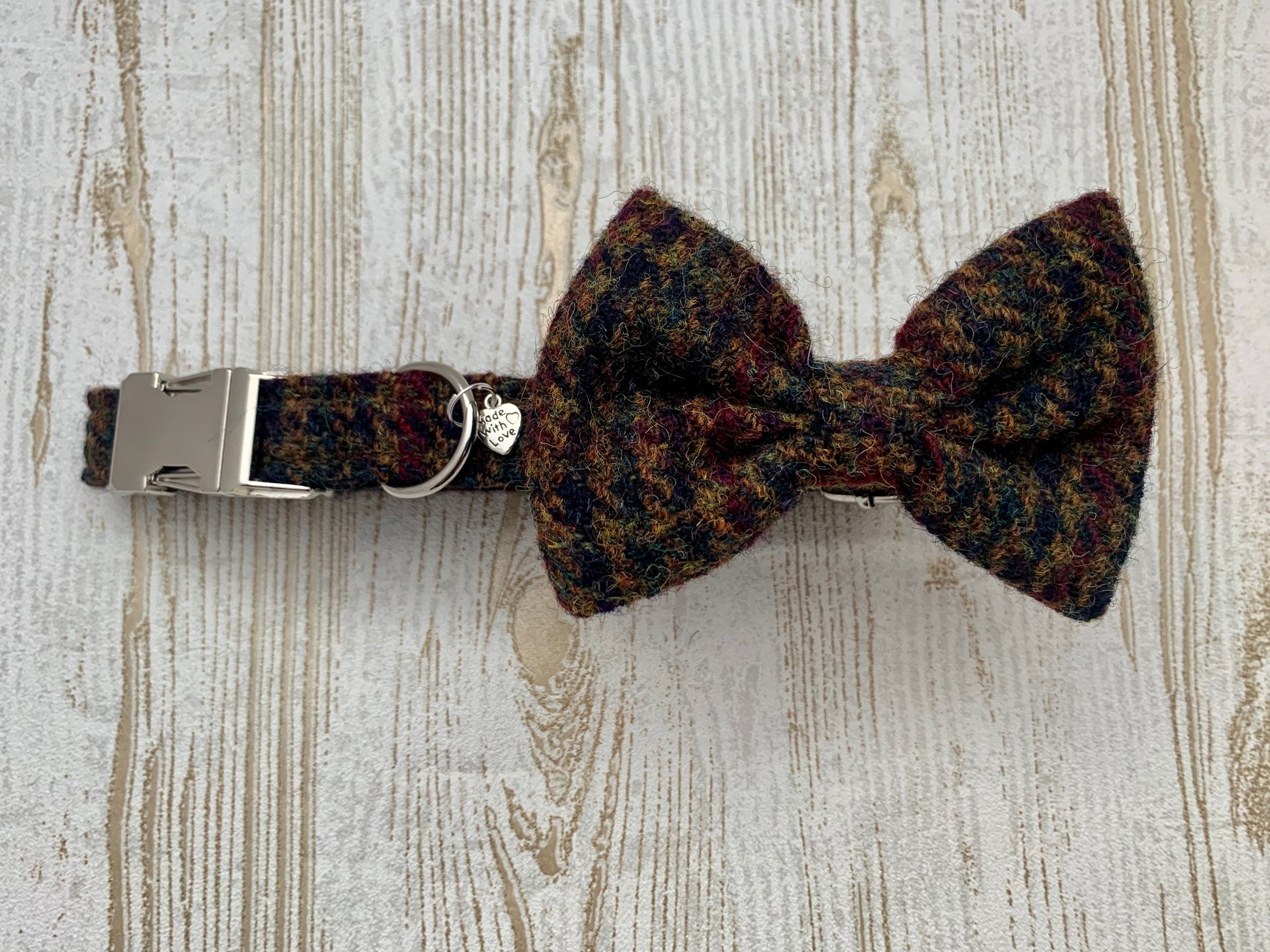 (Bobby) Houndstooth Harris Tweed Bow Tie Dog Collar - Brown - BOWZOS