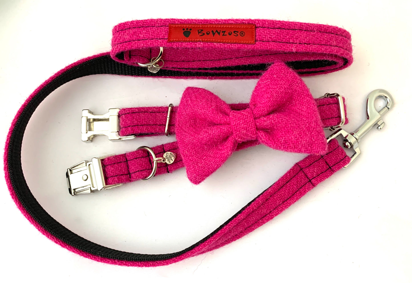 (Roxburgh) Harris Tweed Bow Tie Dog Collar & Lead Set - Bubblegum Pink - BOWZOS