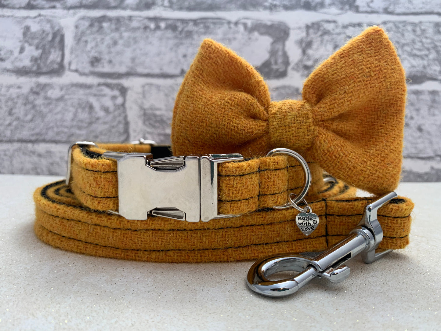 (Citrus Yellow) Harris Tweed Bow Tie Dog Collar & Lead Set - Citrus Yellow - BOWZOS