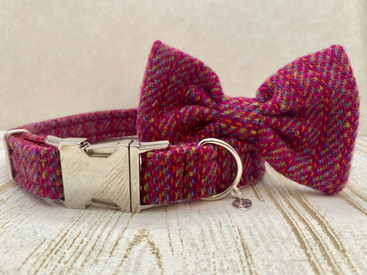 (Kellie) Harris Tweed Bow Tie Dog Collar - Pink Kaona - BOWZOS