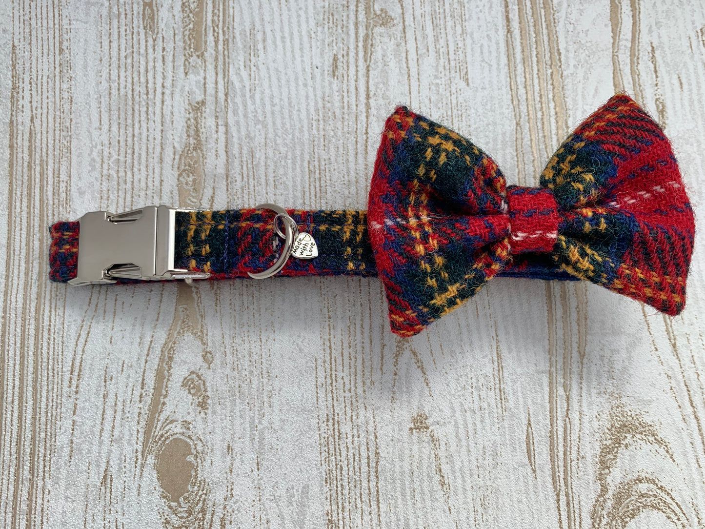 Harris Tweed Bow Tie Dog Collar - Red Stewart Tartan - BOWZOS